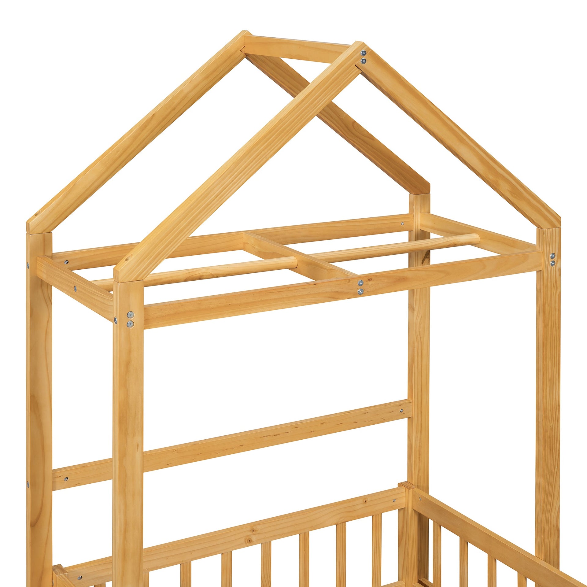 Wooden Twin Size Children's Bed with Detachable Headboard and Integrated Clothes Drying Rack, Natural