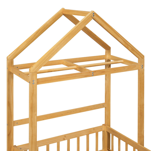 Wooden Twin Size Children's Bed with Detachable Headboard and Integrated Clothes Drying Rack, Natural