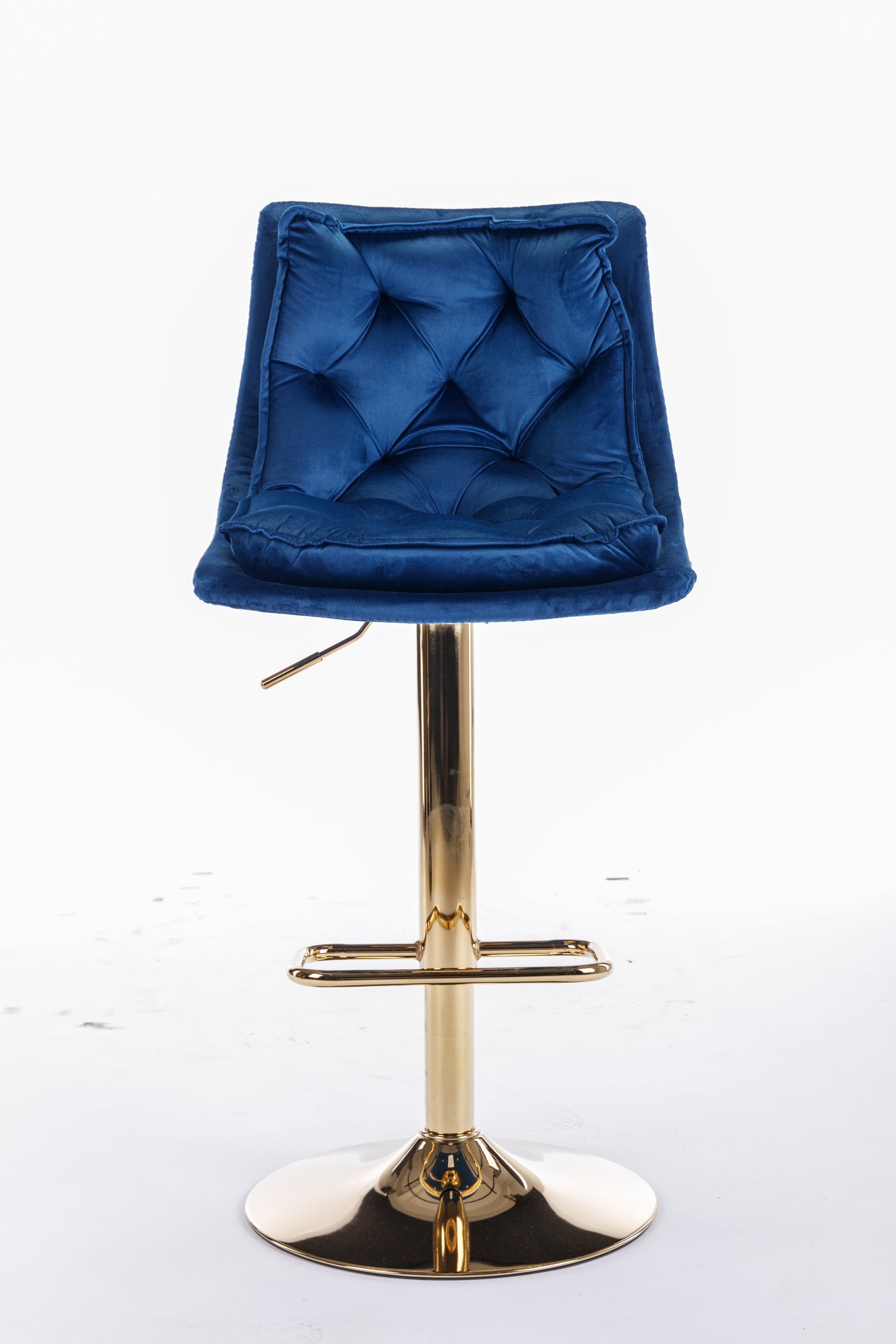 Set of 2 Bar Stools — Chrome Footrest, Swivel Height-Adjustable Velvet Seat, Golden Legs