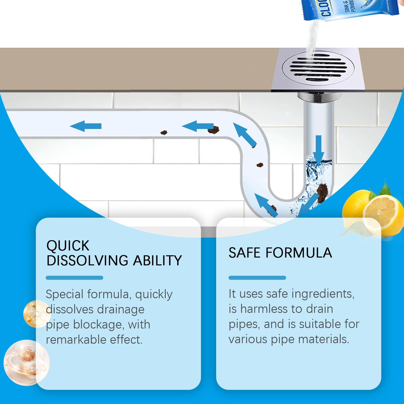 Drain Blockage Removal Powder, Kitchen Bathroom Floor Drain Pipe Cleaning Decontamination Desalting Odor