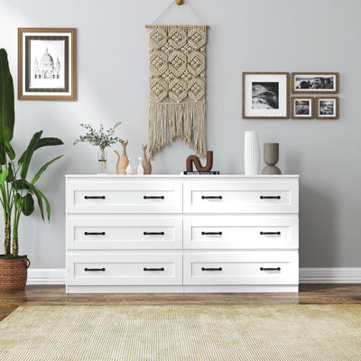 Modern white side cabinet with 6 drawers ,  Wood Chest of Drawers with Metal Handle,  Storage Organizer for Living Room , Bedroom or Hallway,  White