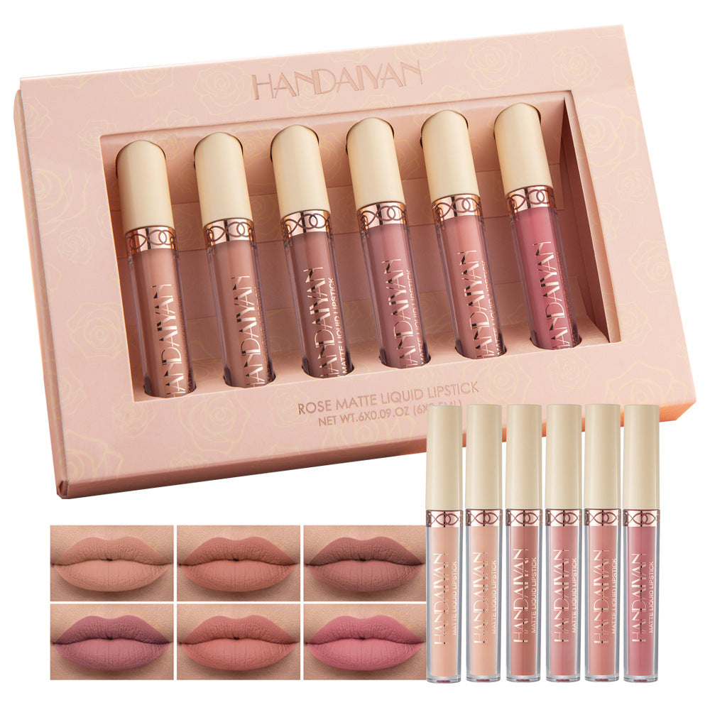 HANDAIYAN 6 Matte Rose Lip Gloss Liquid Lipstick Not Easy to Dip Cup Matte Lip Gloss Set Gift Box
