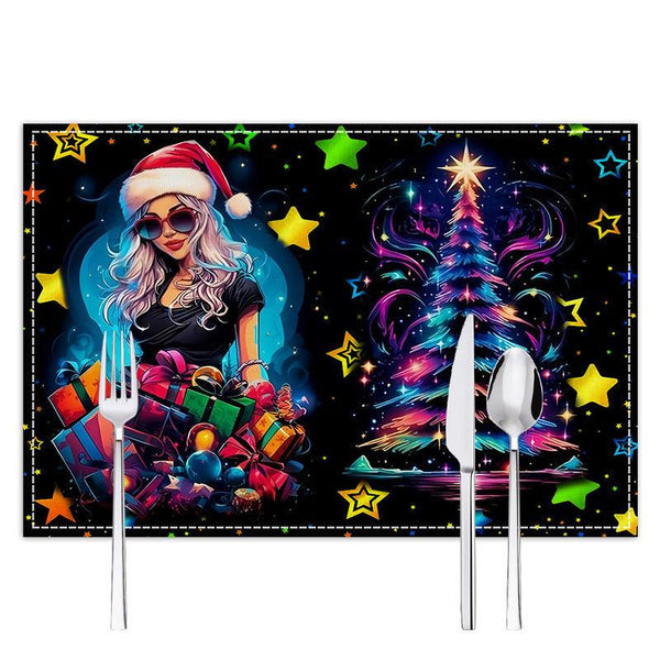 Christmas table mat with white linen starry sky and Santa Claus print
