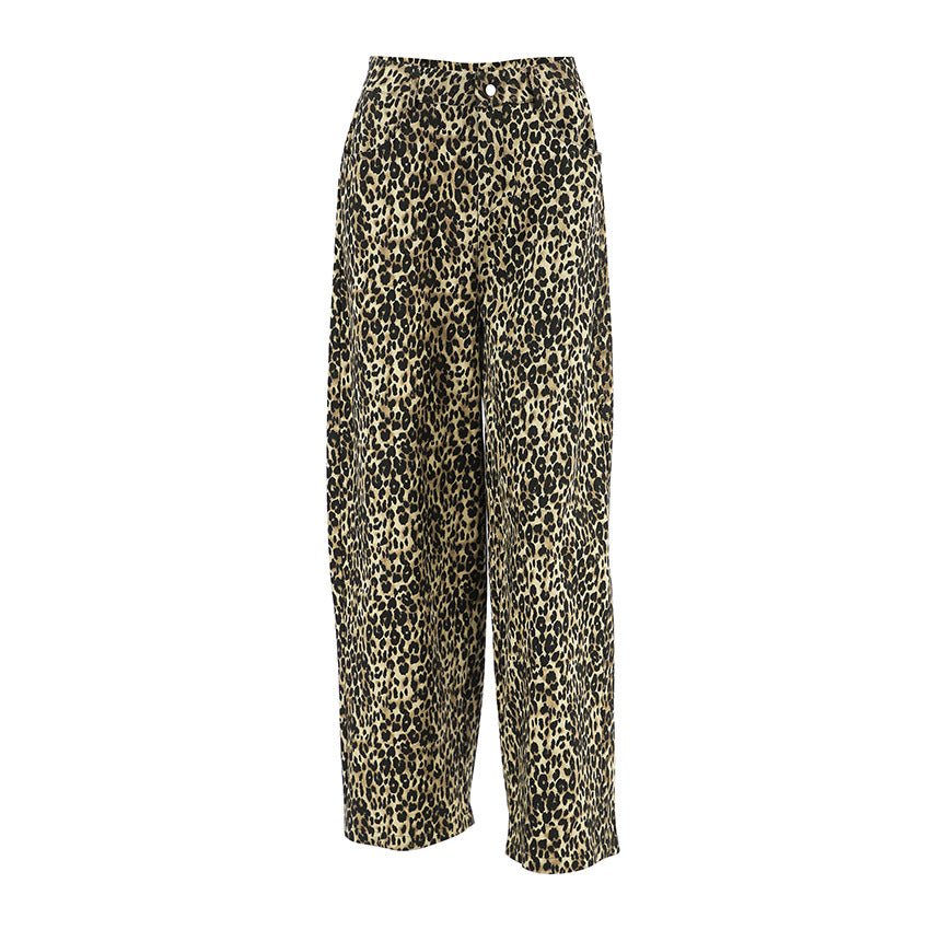 American retro leopard print casual pants with high waist design niche fashion loose and wide leg pants