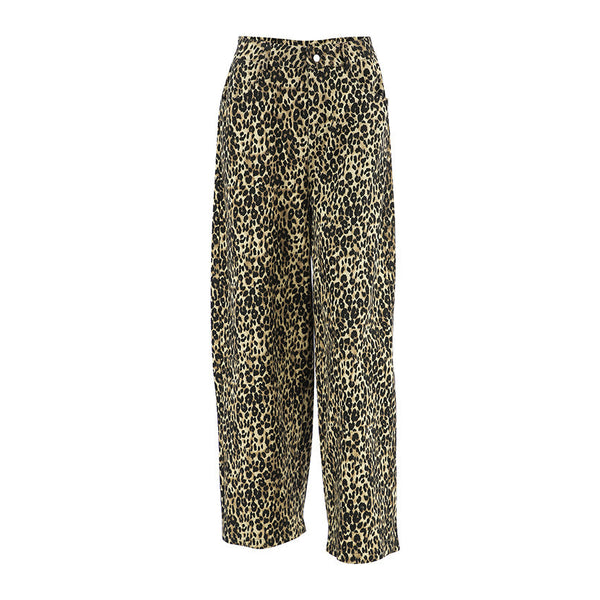 American retro leopard print casual pants with high waist design niche fashion loose and wide leg pants