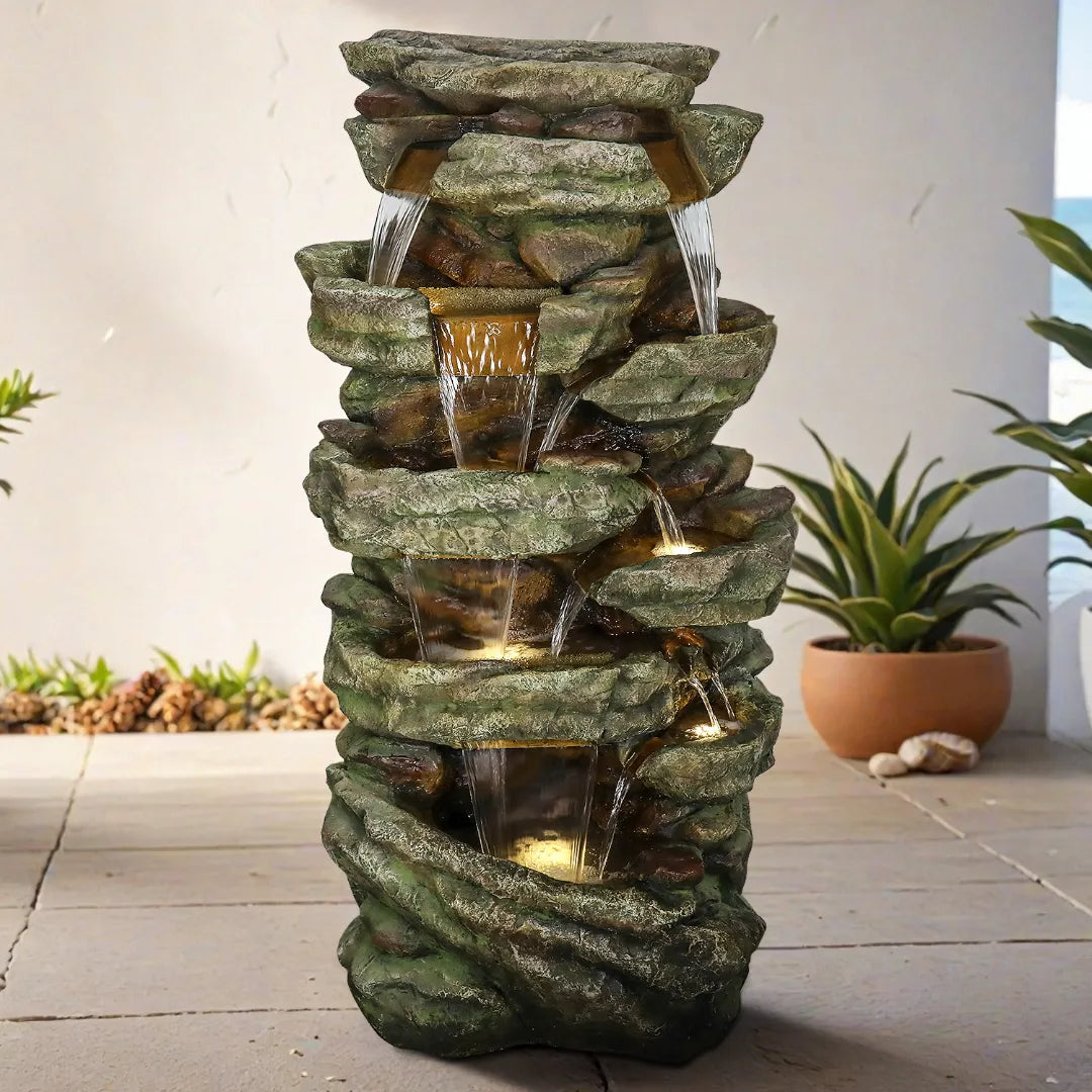 Resin Stacked Stone Rock Waterfall Outdoor Fountain with LED
