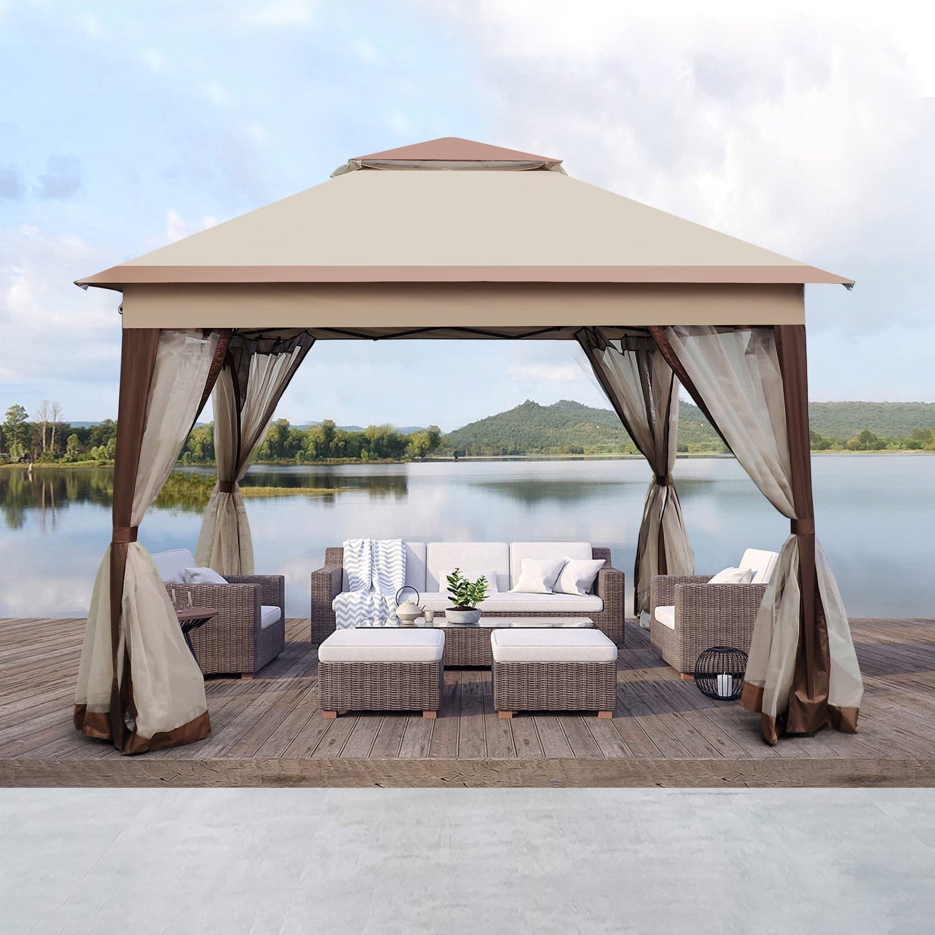 Outdoor Pop-Up Gazebo Canopy 11 x 11 ft (132 x 132 inch) with 2-Tier Soft Top and Removable Zipper Netting - Coffee Metal