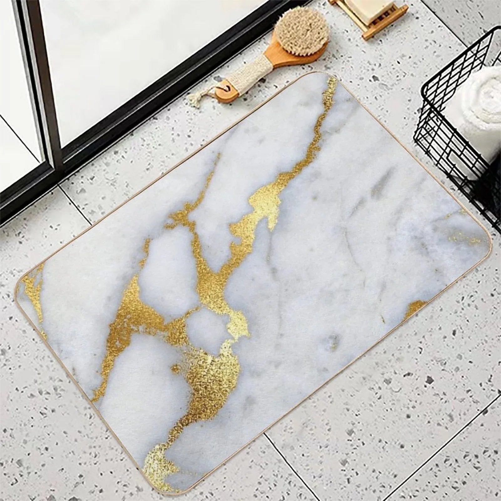 Gold Sparkle Veined Faux Marble Bath Mat