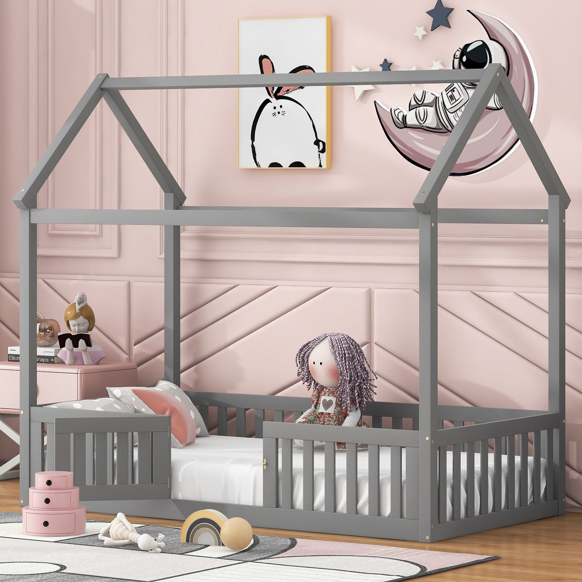 Twin Size Wood House Bed with Fence and Door - Gray