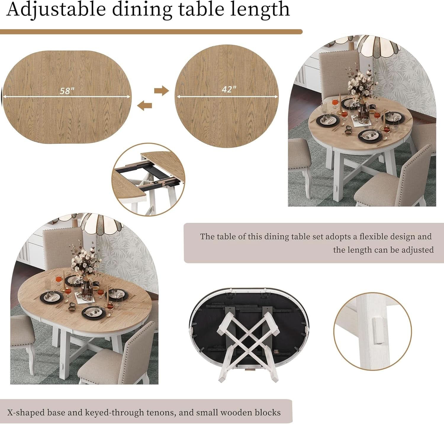 Farmhouse Round Extendable Dining Table Set Oak Finish with Upholstered Chairs