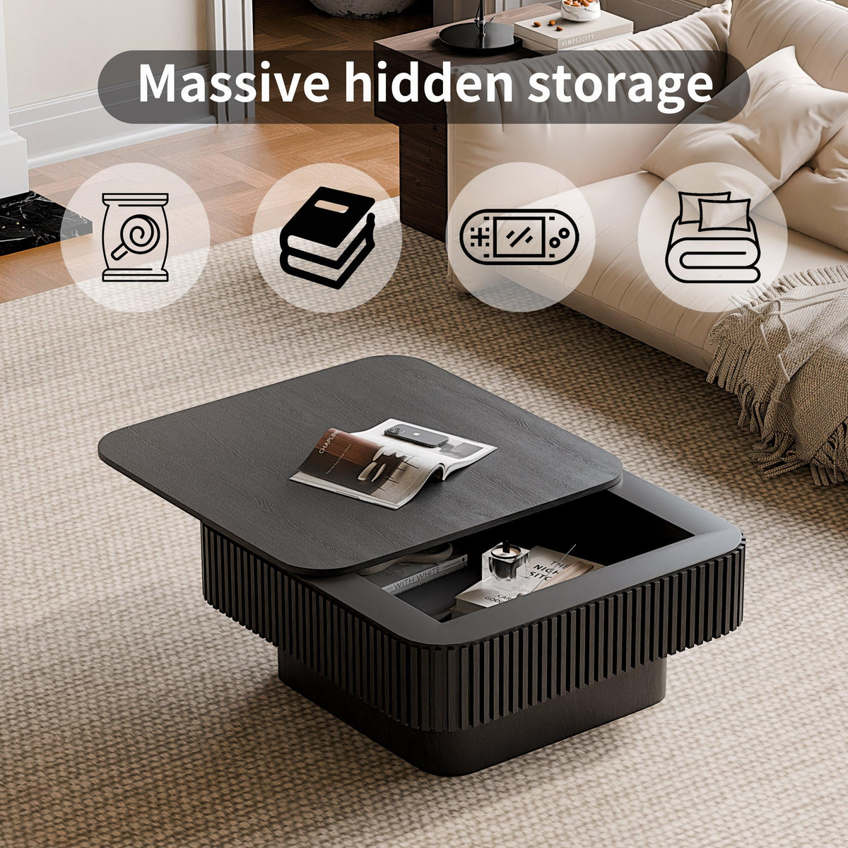 Modern Black Square Coffee Table with Hidden Storage
