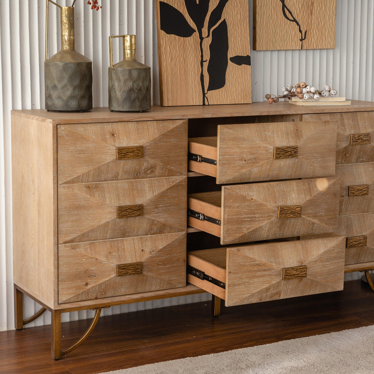 Natural Wood Sideboard Buffet Cabinet with Geometric Doors & Gold Legs