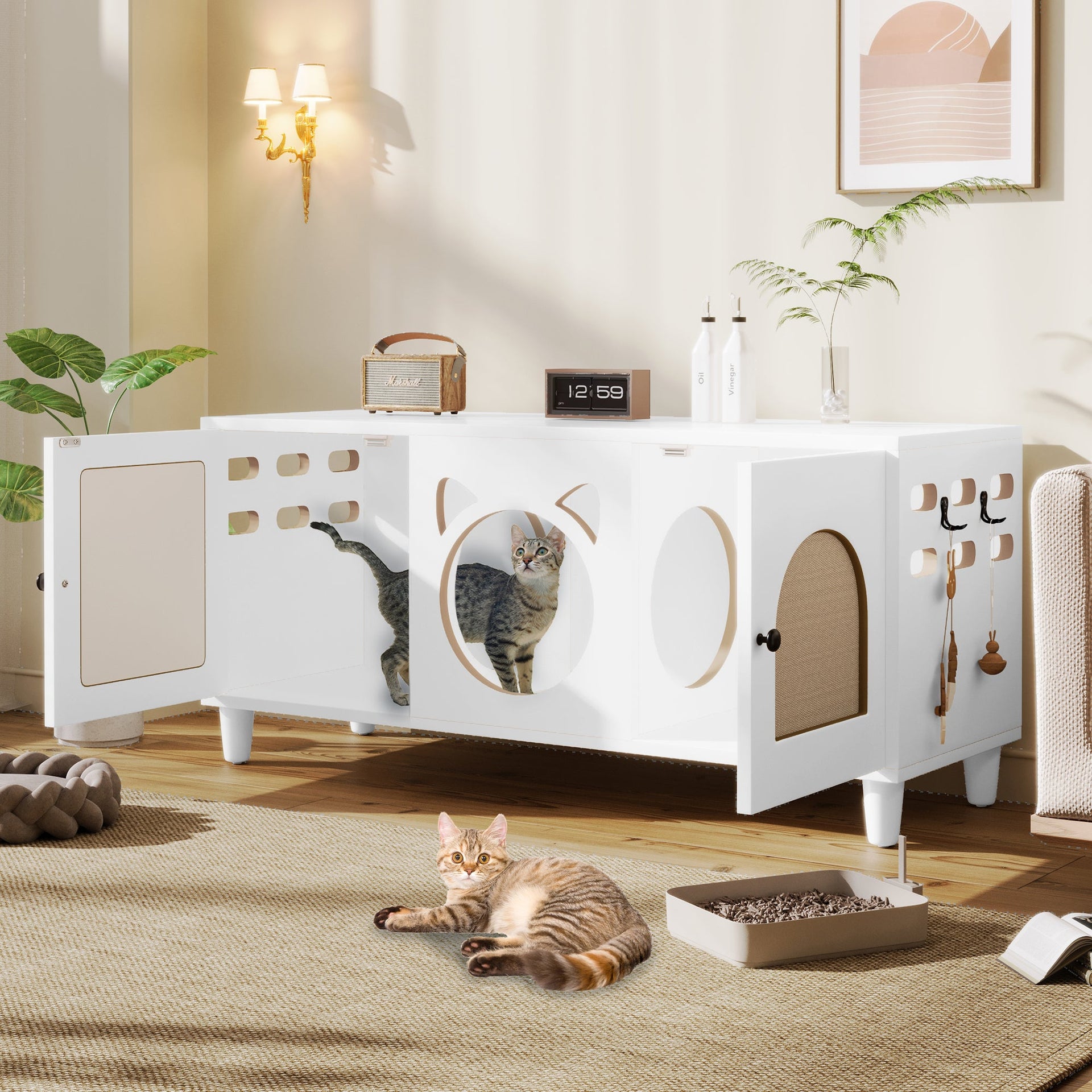 Furniture Style Cat Cabinet Cream White Cat Litter Box with Sisal Scratching Door MDF