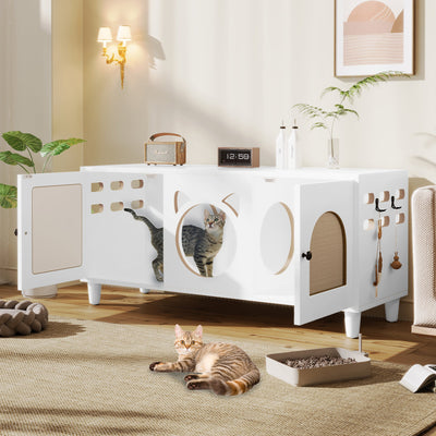 Furniture Style Cat Cabinet Cream White Cat Litter Box with Sisal Scratching Door MDF