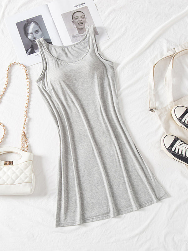 Classic Round Neck Wide Strap Mini Dress With Built-In Bra Comfortable Sleeveless Dress