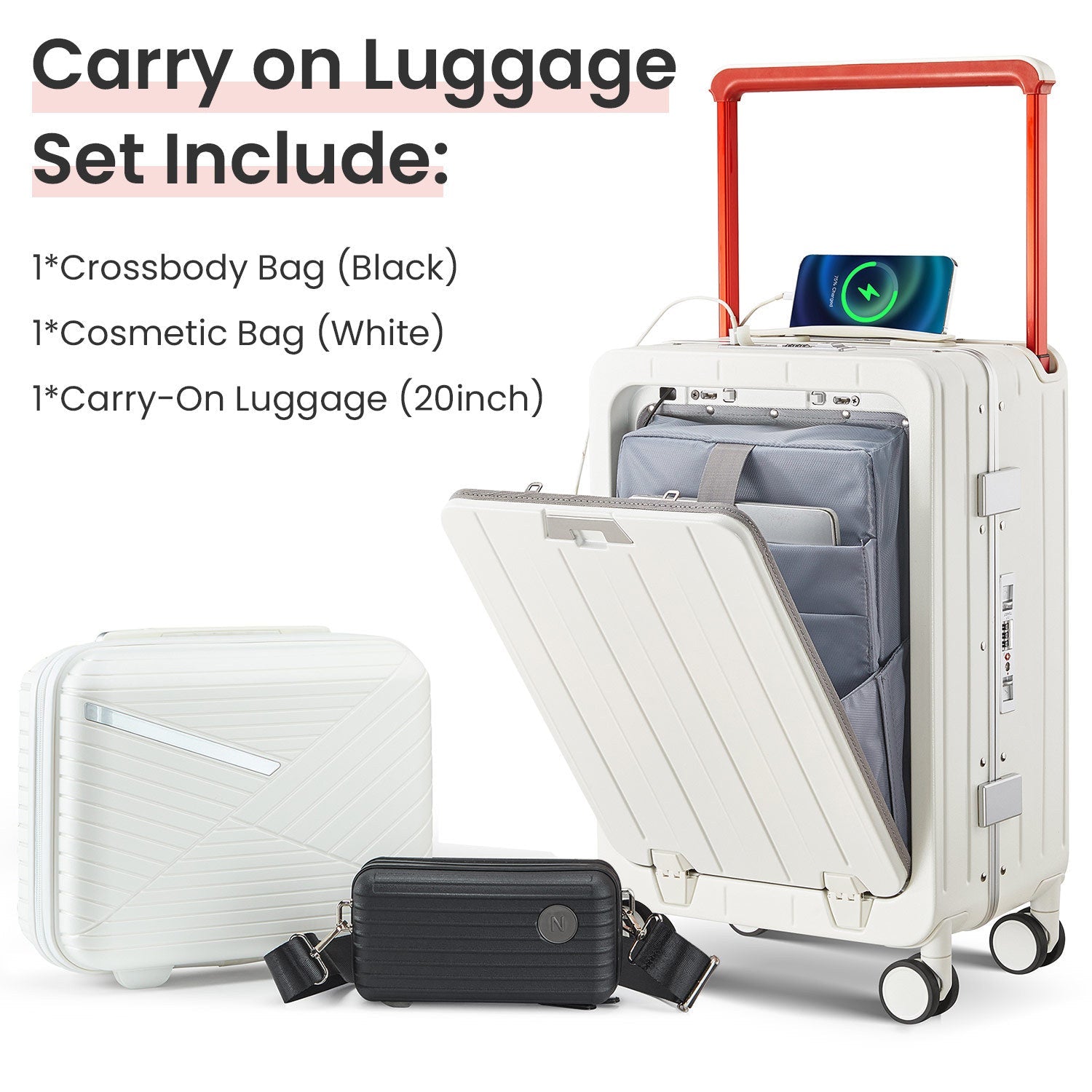 Aluminum Frame 20 Inch with Front Open Carry-on Luggage, PC Hard Shell Suitcase, Bounce Wide Handle Pull Rod Luggage with 360°Double Wheels, Built-In TSA Lock, Airline Approved Suitcase for Business