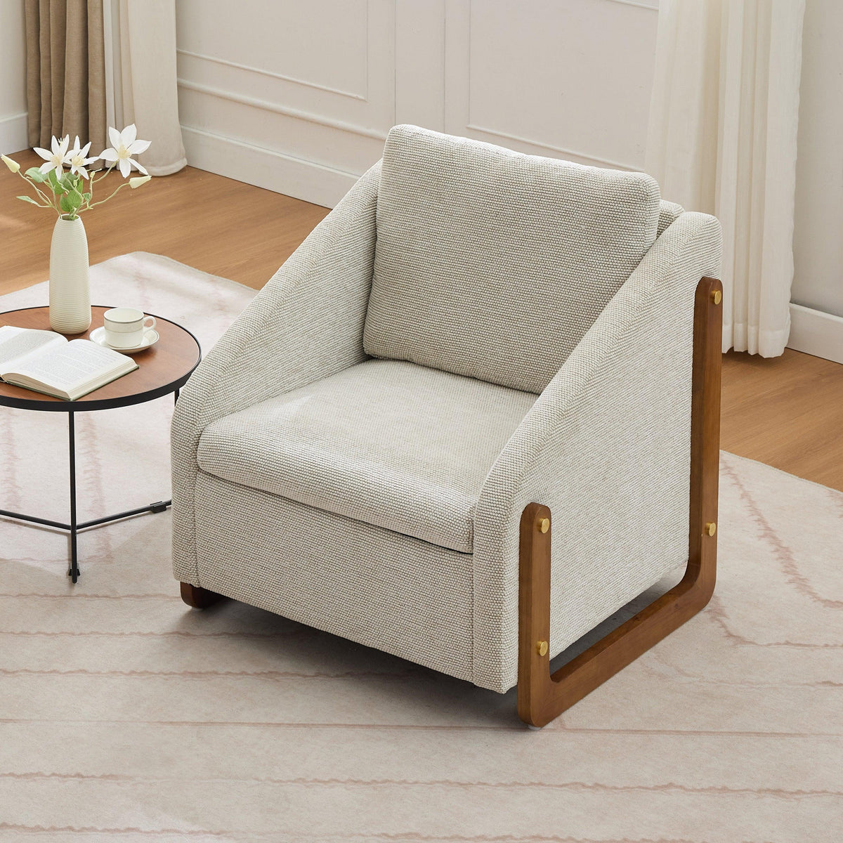 Modern Upholstered Armchair with Wooden Side Frame