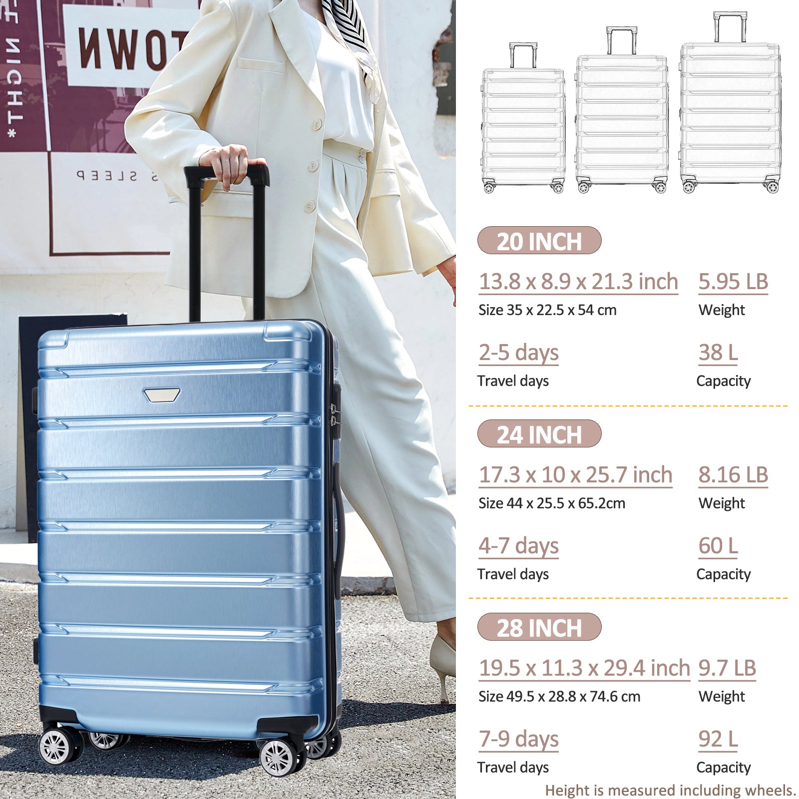 Hardshell Luggage Set 3 Piece, Durable ABS+PC Travel Suitcase with Spinner Wheels for Men Women (20/24/28 Inch)