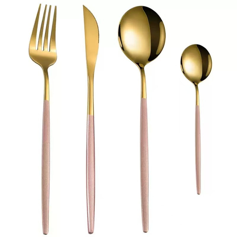 Stainless Steel Cutlery Set with Portuguese Gold Spray Painted Steak Knife, Fork, Spoon, and Tea Spoon 4-Piece Gift Pack