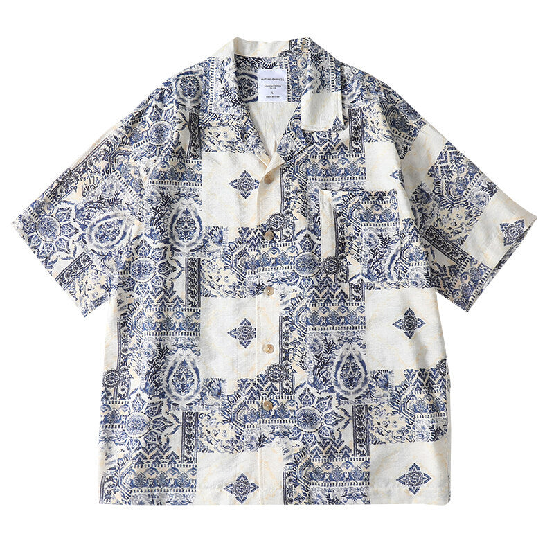 Cool bamboo knot imitation linen weave Cuban collar short sleeved shirt