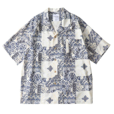 Cool bamboo knot imitation linen weave Cuban collar short sleeved shirt