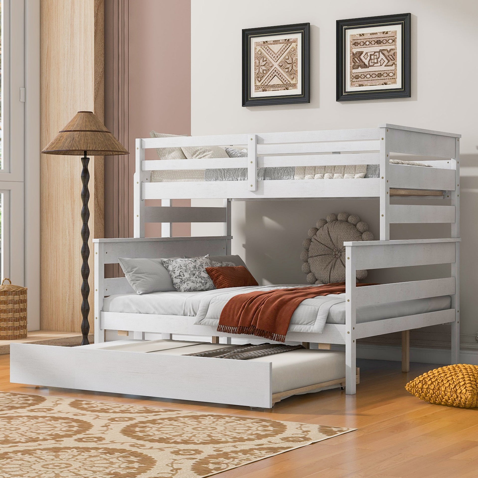 Wood Twin over Full Bunk Bed with Twin Size Trundle  White