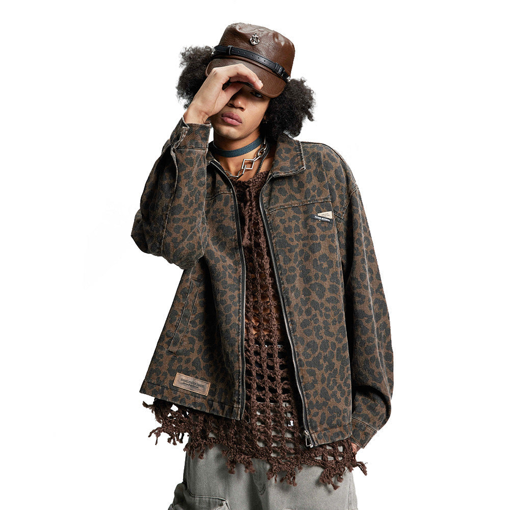 Leopard Print Denim Jacket   Style Men's Punk Spring and Autumn Loose Casual Washed Open Front Zipper Collar Outerwear
