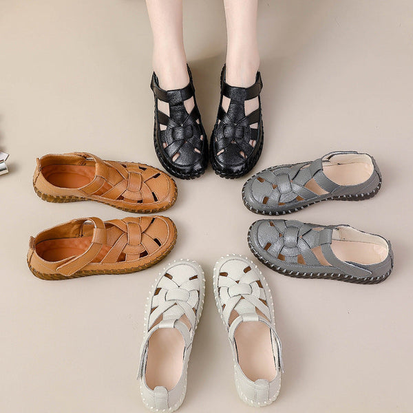 Leather perforated shoes with hollowed out toe caps for women soft soled non slip flat sandals for women