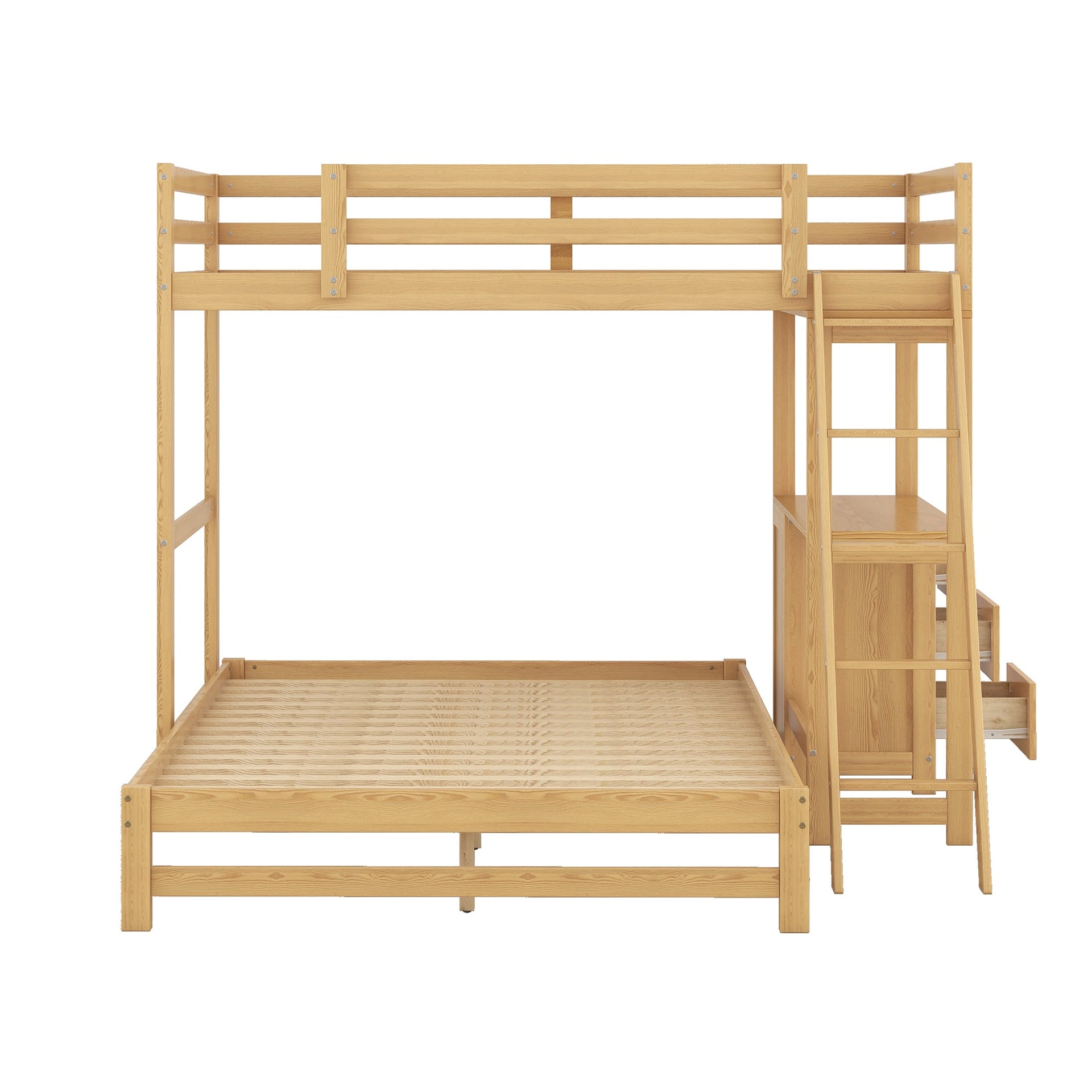 Twin over Full Bunk Bed with Built-in Desk and Three Drawers Natural