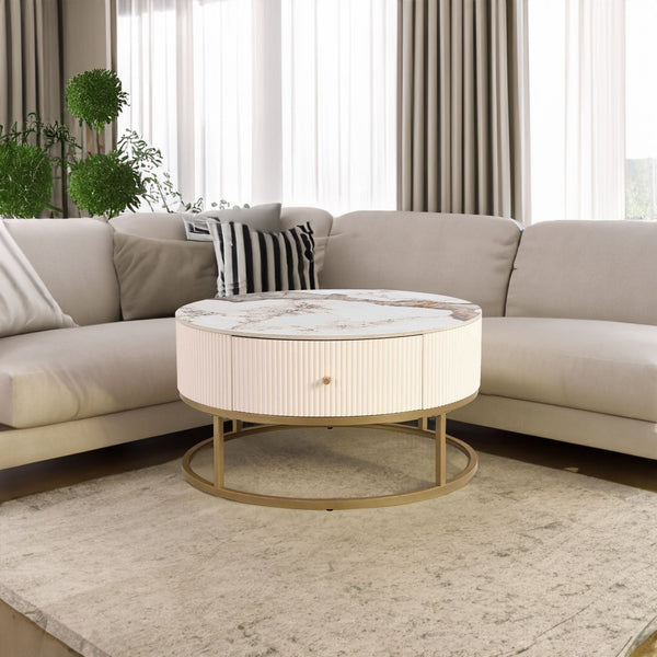 31.5 Inch Modern Round Coffee Table with Drawers, Marble Table with Storage, Coffee Table for Living Room