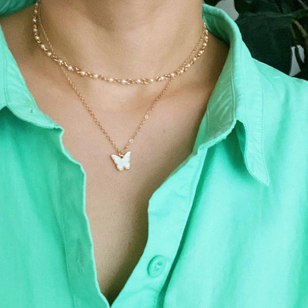 Layered Pearl Chain Butterfly Necklace - Gifts for You 'n Me
