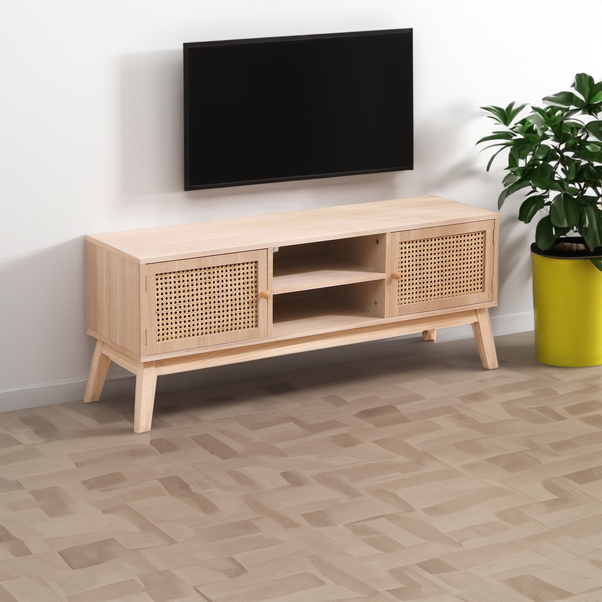 SUPERJARE Boho TV Stand for 55 Inch TV, Entertainment Center with Adjustable Shelf,Real Rattan TV Console with 2 Cabinets