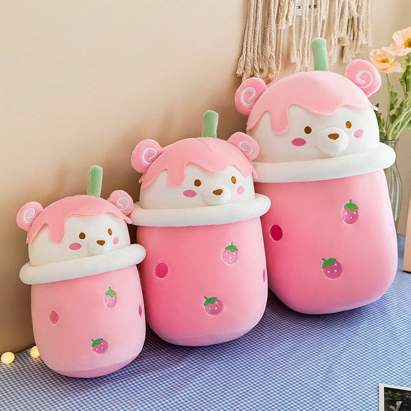 25-40cm Cute Cartoon Teddy Bear Bubble Tea Cup Shaped Pillow Plush Toys Real-life Stuffed Soft Back Cushion Funny Boba Food