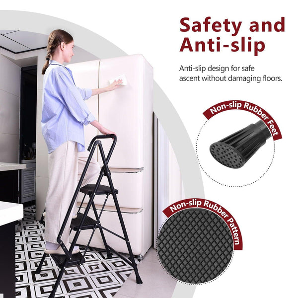 Four step ladder, lightweight folding four step stool, wide anti slip pedal and safety handle, sturdy steel ladder
