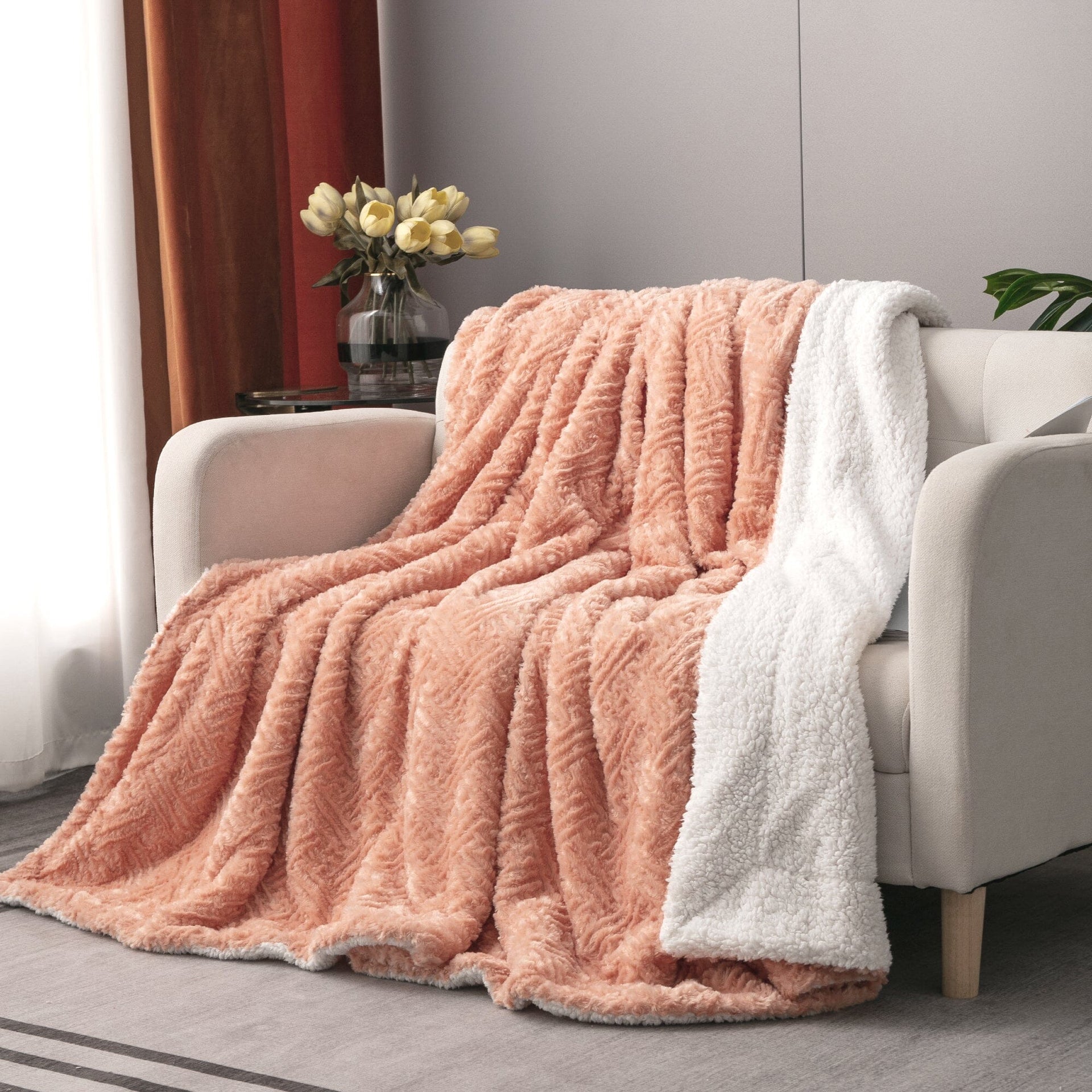 DaDa Bedding Coral Peach Rose Faux Fur Throw Blanket - Dreamy Geometric Embossed Sherpa Backside - Super Soft Warm Cozy Plush Fluffy