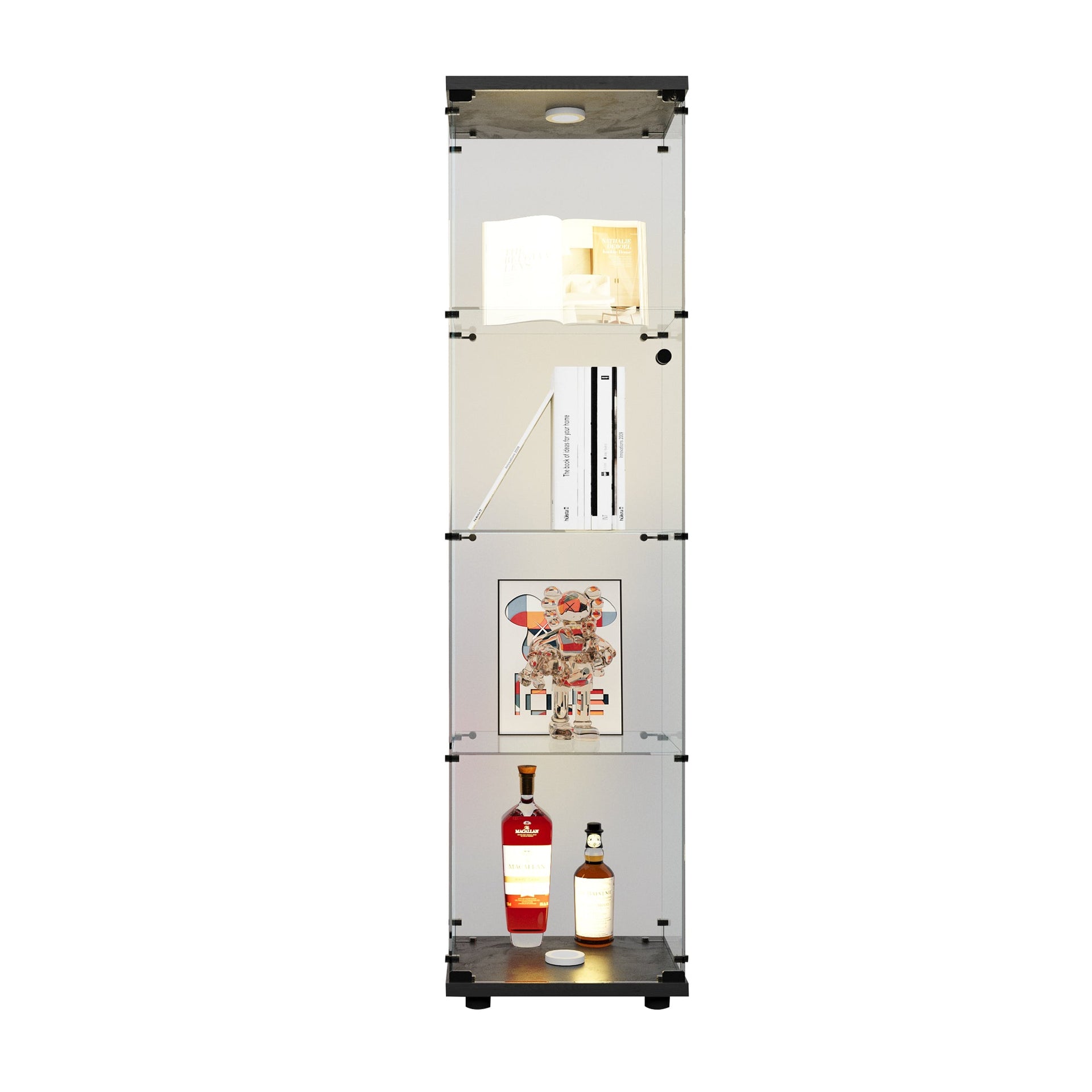 4 LED light glass display cabinets with door shelves, floor standing antique bookshelf, 64.7 
