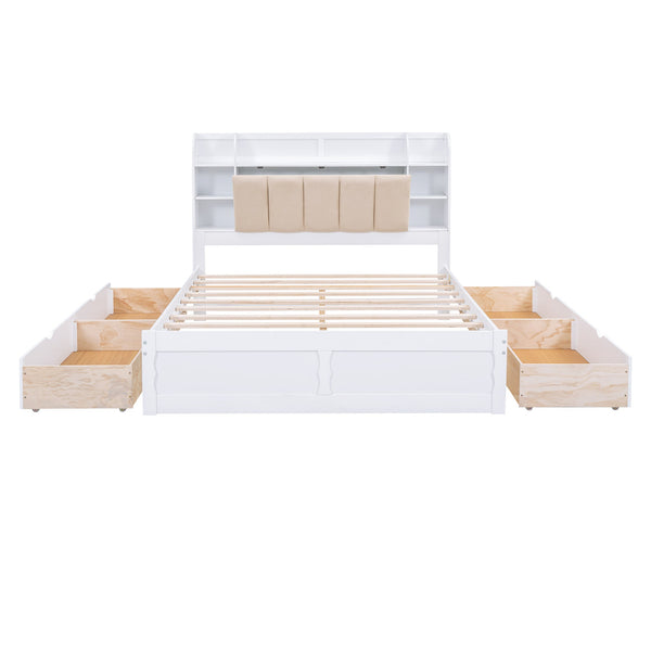Wood Queen Size Platform Bed with Storage Headboard  Shelves and 4 Drawers  White