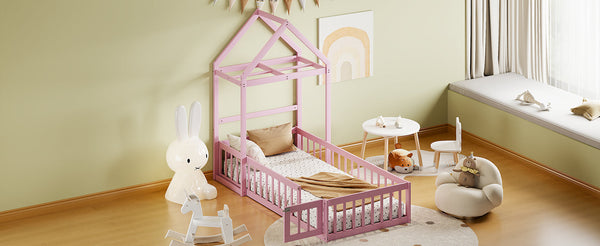 Wooden Twin Size Children's Bed with Detachable Headboard and Integrated Clothes Drying Rack, Pink