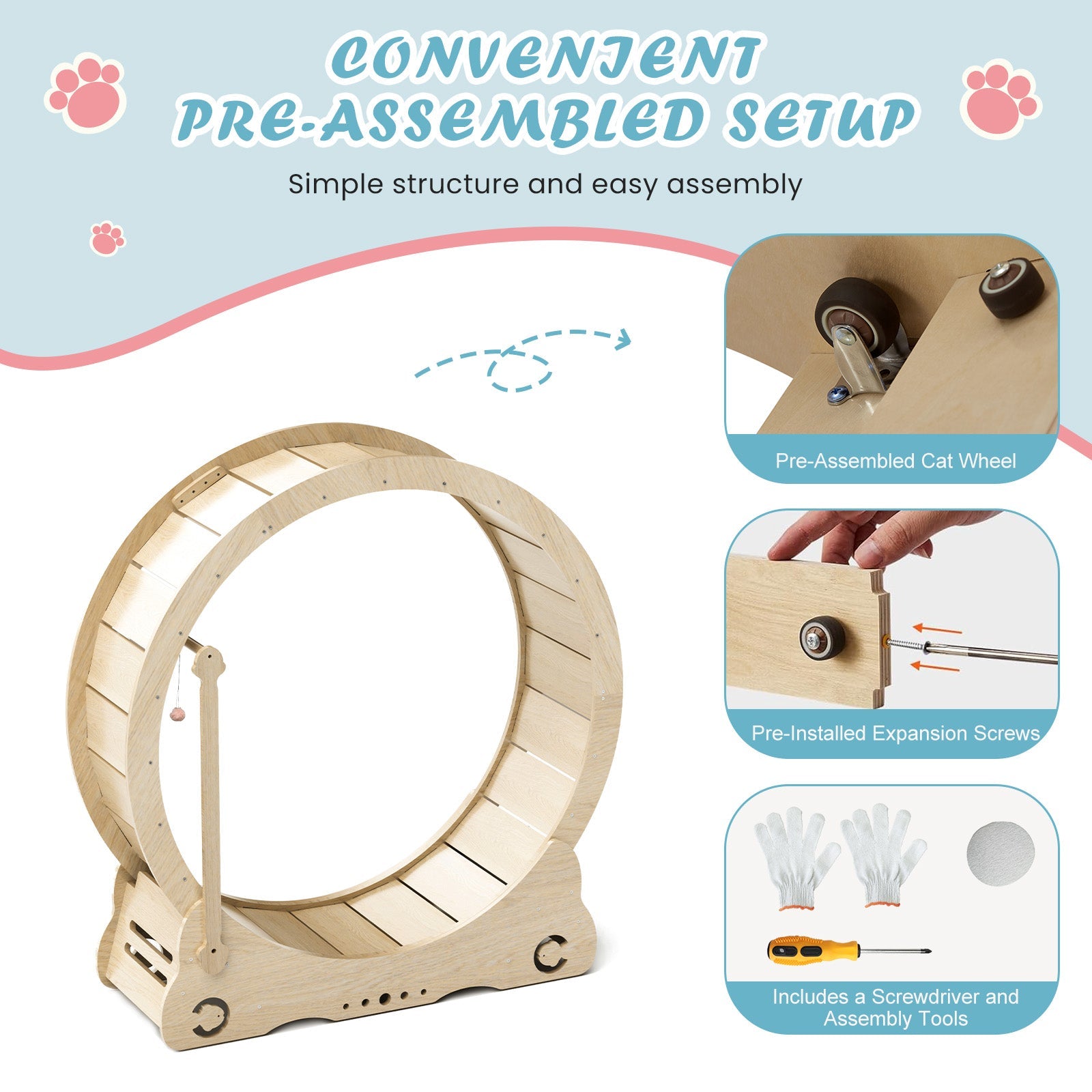 Indoor cat treadmill with carpet, tear device and latch natural wood, 39.4 inches long x 13.2 inches wide x 41.3 inches high