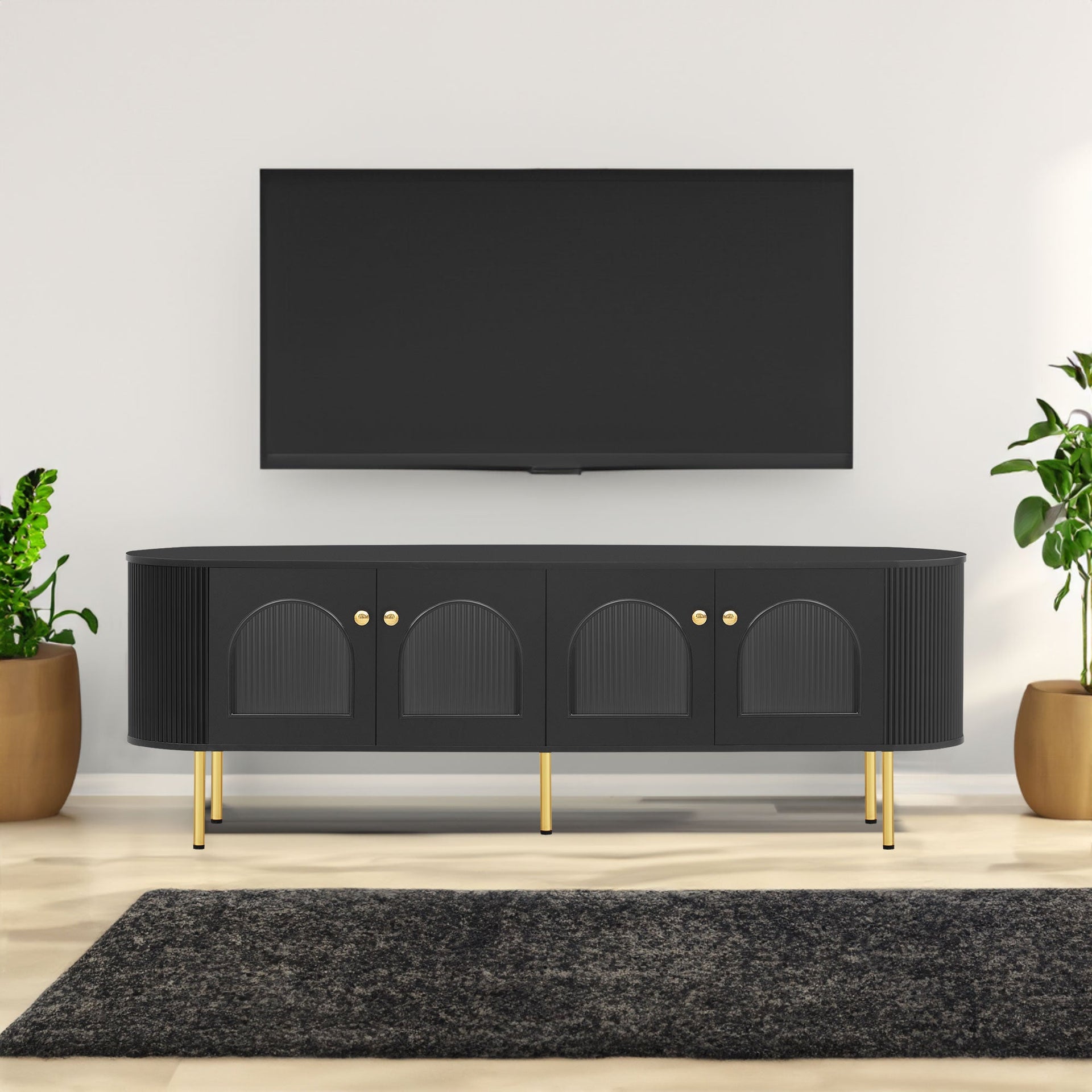 U-Can Modern TV Stand for TVs up to 80 Inches with 4 Cabinets with Metal Legs and Handles for Living room, Black