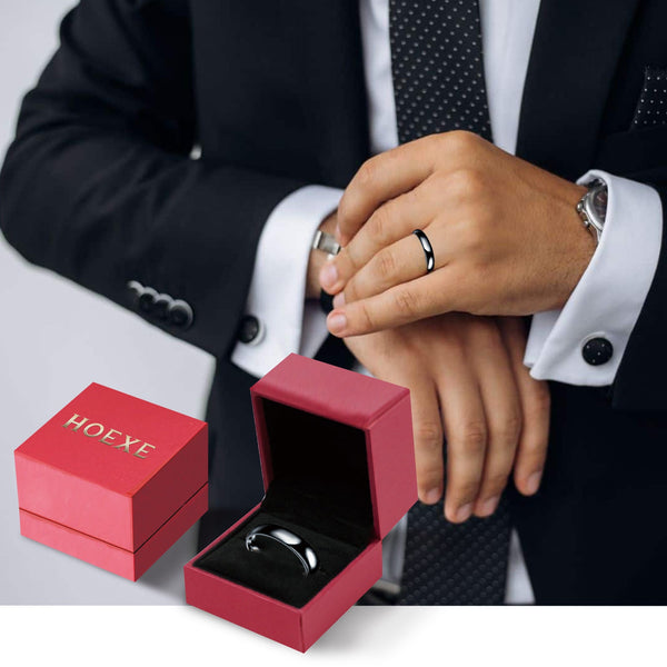 HOEXE Obsidian Ring, Stainless Steel Ring For Men And Women Smooth Fashion Simple Boutique Hand Accessories