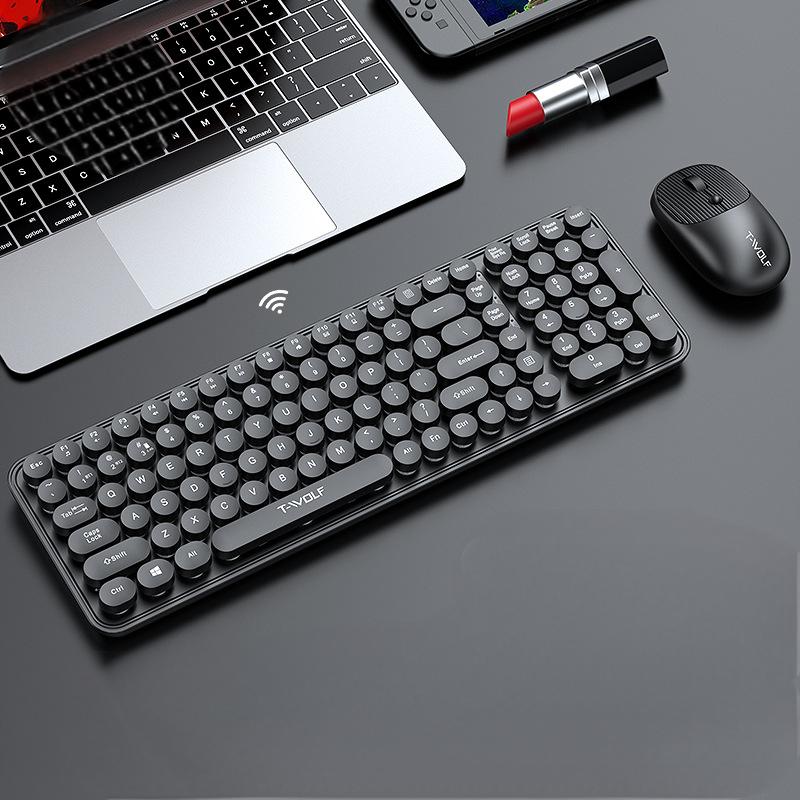 T-WOLF Thunder Wolf TF350 Wireless Keyboard and Mouse Set for Girls, Colorful Punk Retro Mouth Red Round Key Cap