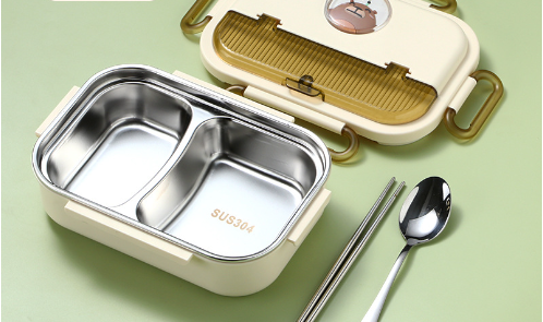 Microwaveable stainless steel compartmentalized insulated lunch box with cutlery