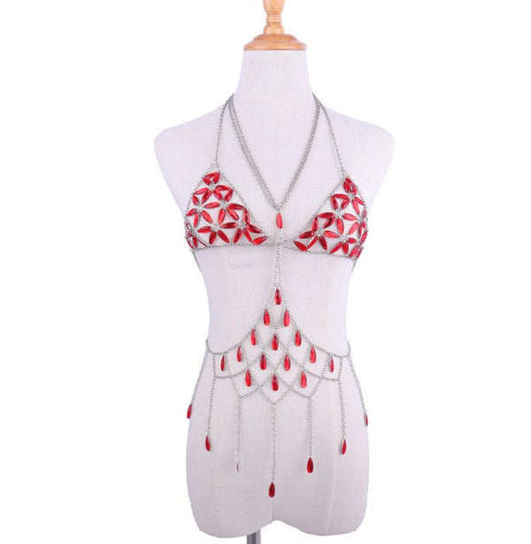 Queen Bling Metal Tassel Details Tank Tops Festival Rave Clothing Summer Sexy Backless Rave Body Chain Beach Tops