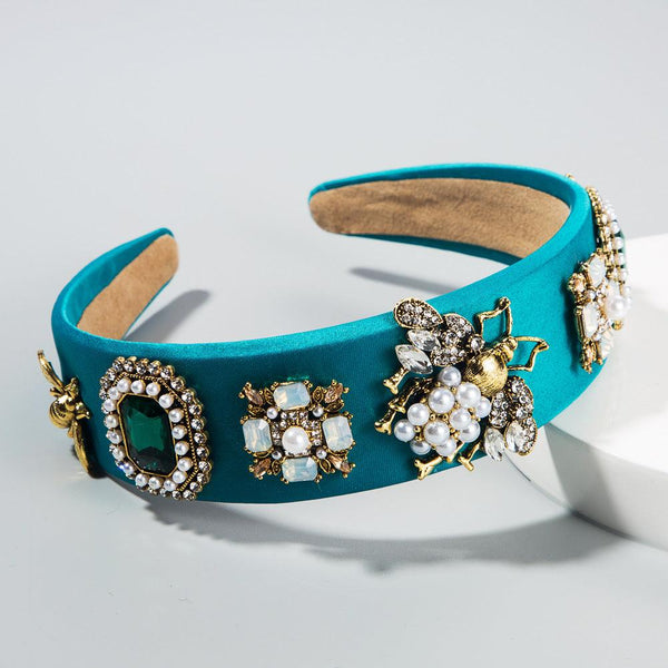 Creative Baroque Headband With Rhinestones Pearl Headband Bee Colorful Fabric Garland Headgear