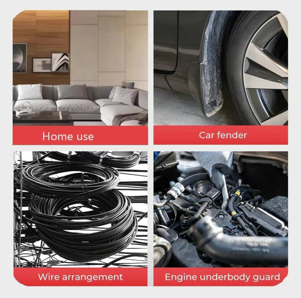 Four images showing home use, car fender, wire arrangement, and engine underbody guard.