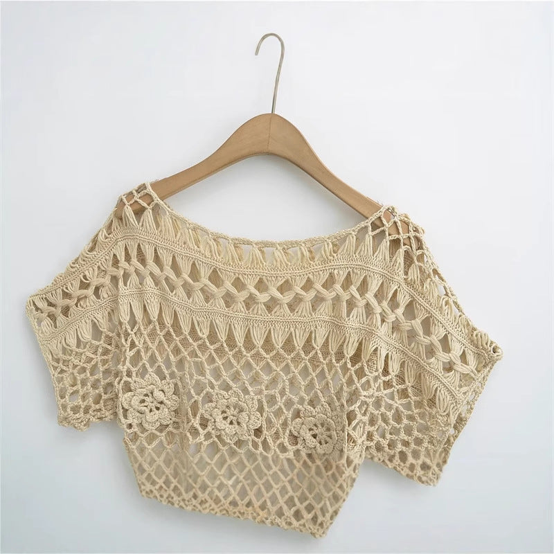 Fashionable and Sexy  Style Women's Round Neck Crochet Top with Loose Fit