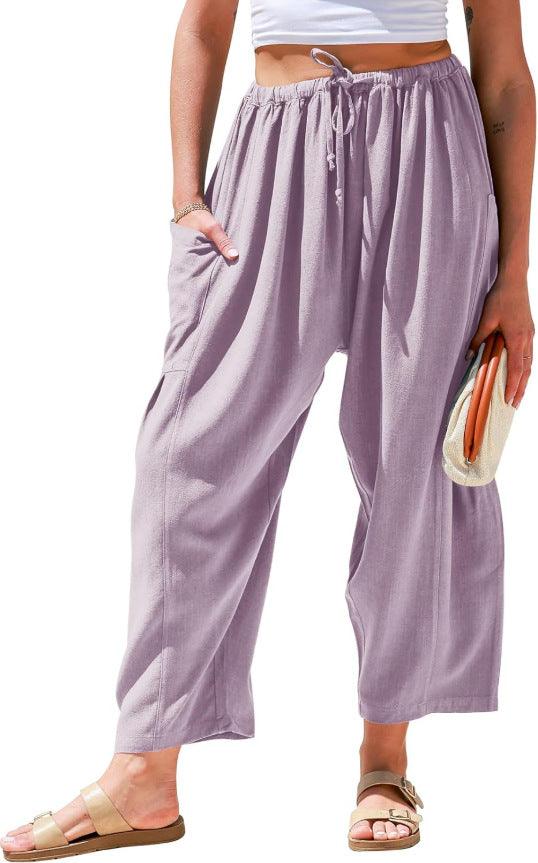 European and American women's elastic waisted pleated high waisted wide leg loose Haren cotton linen pants