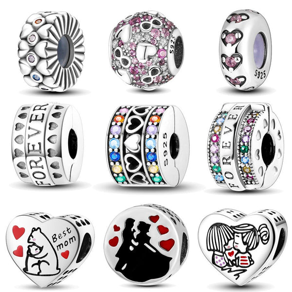 Copper plated S925 silver FOREVER colorful heart clip beads string DIY bracelet necklace