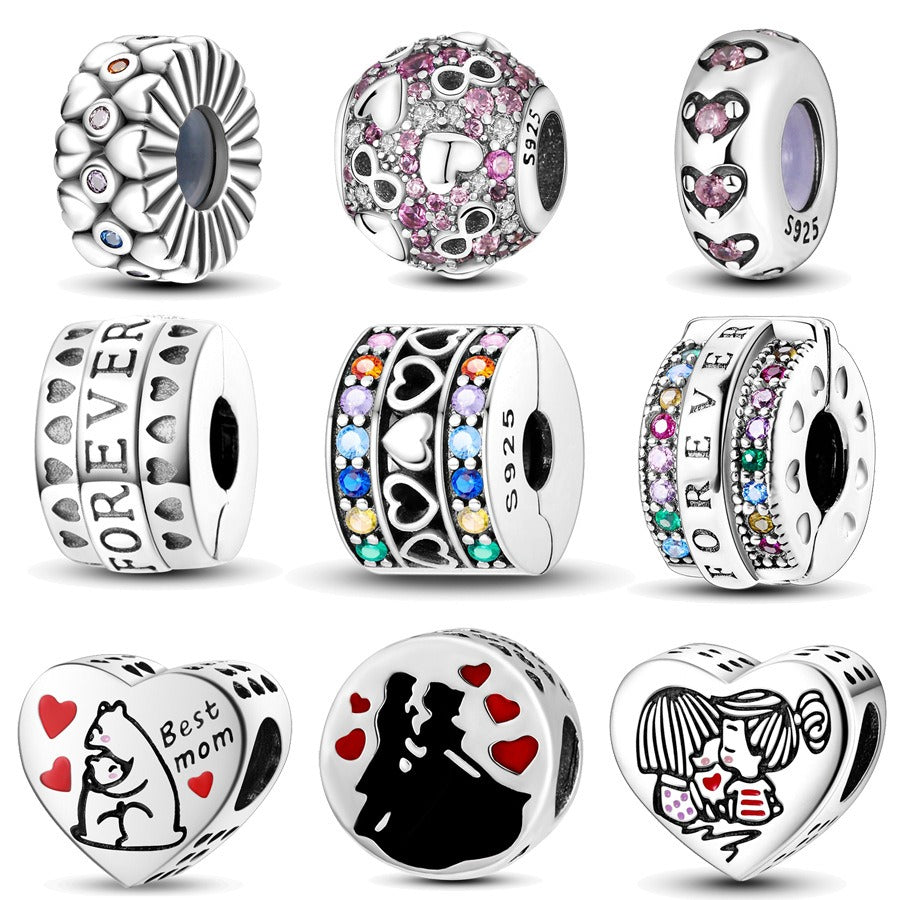 Copper plated S925 silver FOREVER colorful heart clip beads string DIY bracelet necklace